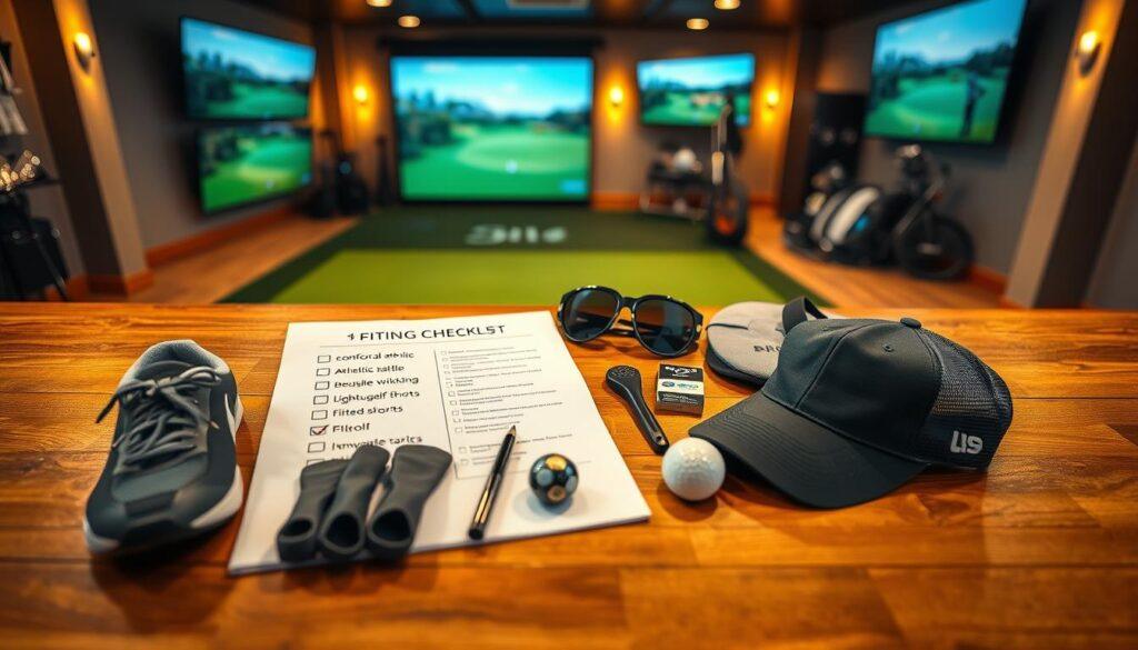 A close-up view of a neatly organized golf fitting checklist arranged on a wooden table, showcasing essential attire and gear for a golf fitting. The checklist includes items like comfortable athletic shoes, breathable moisture-wicking shirt, lightweight golf shorts, and a fitted golf cap, all surrounded by golf clubs and accessories. The background features a well-lit indoor golf fitting studio with a green putting surface and golf simulator screens, softly illuminated by warm overhead lights. The atmosphere is professional and inviting, highlighting the importance of being well-prepared for a fitting session. The image should be captured from a slight overhead angle to create depth, with a focus on clarity and detail of the gear, emphasizing readiness and professionalism.