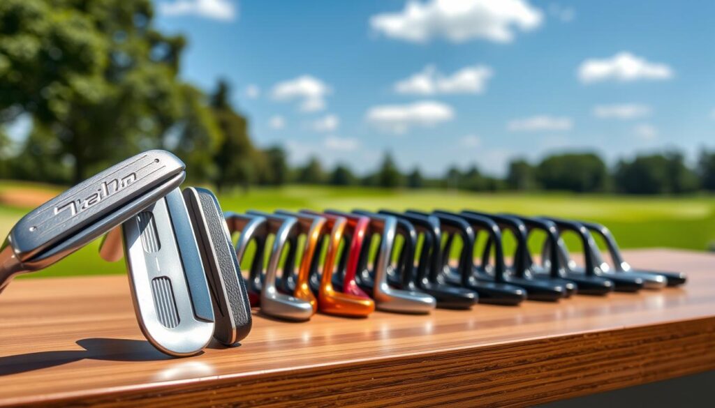 A collection of custom iron clubhead options displayed on a sleek wooden surface, showcasing a spectrum of designs, finishes, and technologies. The foreground features three distinct clubheads: a traditional blade, a modern cavity back, and a game improvement model, each capturing intricate details such as texture and shine. The middle section presents an array of additional clubheads in a gradient of colors, from polished chrome to matte black, emphasizing the variety in customization. In the background, a soft-focus golf course setting is visible, with lush greenery and a clear blue sky that adds a serene atmosphere. Use bright, natural lighting to highlight the metal finishes, captured with a shallow depth of field to draw attention to the clubheads. The overall mood is professional and inviting, celebrating innovation in golf equipment design.
