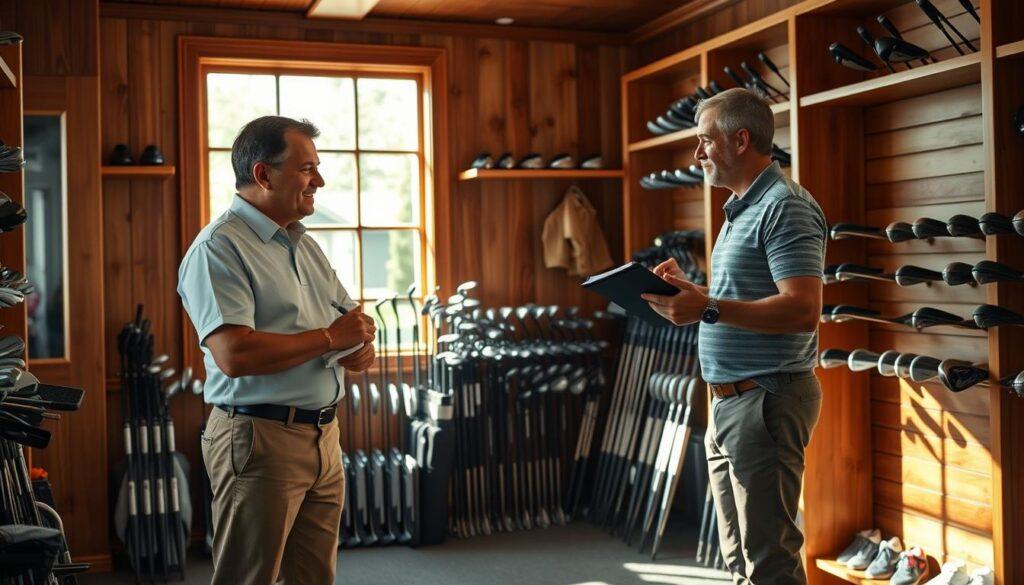 A cozy golf fitting shop interior, designed with warm wooden tones and well-organized golf clubs displayed on elegant racks. In the foreground, a professional-looking golf fitter in a crisp collared shirt and khaki pants engages with a customer, eagerly discussing important fitting questions. The customer, dressed casually in a polo shirt and pants, holds a clipboard with notes. In the middle ground, various golf equipment, including clubs and balls, are meticulously arranged, showcasing an inviting atmosphere. Behind them, a large window allows natural light to pour in, casting soft shadows and enhancing the friendly, professional mood. The image conveys a sense of excitement and preparation, readying the customer for an optimal club fitting experience.