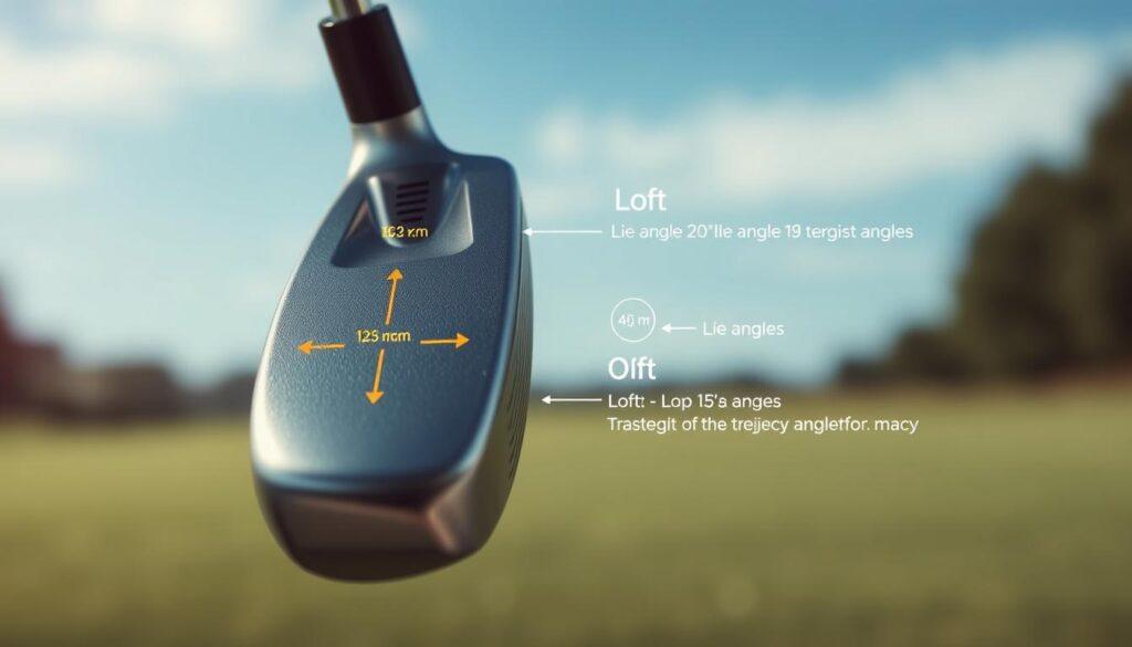 A detailed diagram illustrating golf club lie angles and loft specifications, prominently featuring a high-quality golf club at the center. The foreground displays a close-up view of the club head with clear indicators of the lie angle and loft measurements, using distinct lines and labeled angles. In the middle ground, include simple, concise arrows demonstrating how the angles affect the club's trajectory and performance. The background should be softly blurred, featuring a golf course setting with a serene blue sky, adding depth and context. Use soft, natural lighting to enhance clarity and ensure the diagram’s technical details are easily readable. The overall atmosphere should be informative and educational, suitable for an expert audience. A detailed diagram illustrating golf club lie angles and loft specifications, prominently featuring a high-quality golf club at the center. The foreground displays a close-up view of the club head with clear indicators of the lie angle and loft measurements, using distinct lines and labeled angles. In the middle ground, include simple, concise arrows demonstrating how the angles affect the club's trajectory and performance. The background should be softly blurred, featuring a golf course setting with a serene blue sky, adding depth and context. Use soft, natural lighting to enhance clarity and ensure the diagram’s technical details are easily readable. The overall atmosphere should be informative and educational, suitable for an expert audience.