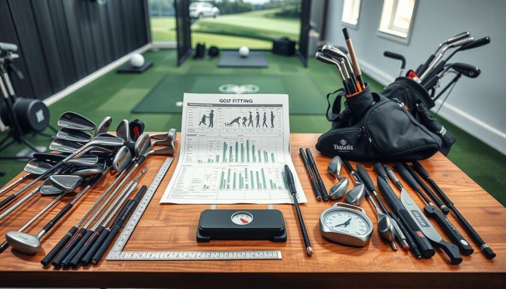 A neatly organized golf fitting preparation setup on a wooden table. In the foreground, a variety of golf clubs of different sizes, including drivers and putters, are arranged alongside measuring tools like a club length ruler and an adjustable weight scale. The middle ground features a professional golf fitting chart, detailing adjustments for swing mechanics. A golf bag sits nearby, filled with additional clubs and accessories. The background shows a bright, well-lit golf studio with green turf, golf balls, and an adjustable swing analyzer. Soft, natural lighting highlights the setup, creating an inviting atmosphere. Overall, the scene conveys a sense of professionalism and readiness for a personalized golf fitting experience. A neatly organized golf fitting preparation setup on a wooden table. In the foreground, a variety of golf clubs of different sizes, including drivers and putters, are arranged alongside measuring tools like a club length ruler and an adjustable weight scale. The middle ground features a professional golf fitting chart, detailing adjustments for swing mechanics. A golf bag sits nearby, filled with additional clubs and accessories. The background shows a bright, well-lit golf studio with green turf, golf balls, and an adjustable swing analyzer. Soft, natural lighting highlights the setup, creating an inviting atmosphere. Overall, the scene conveys a sense of professionalism and readiness for a personalized golf fitting experience.