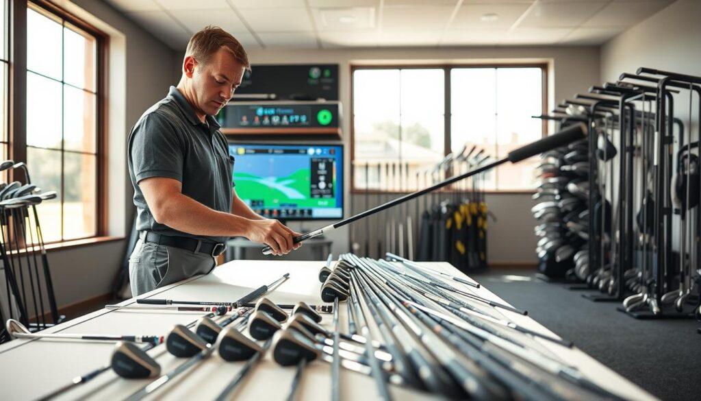 A professional club fitting analysis scene featuring a skilled club fitter examining a custom golf club against a backdrop of a golf fitting studio. In the foreground, the fitter, dressed in a smart polo and slacks, holds the club with a focused expression, surrounded by various golf club heads and shafts on a fitting table. The middle ground showcases a fitting station with a launch monitor displaying club data and measurements. In the background, softly blurred racks hold a variety of golf clubs and equipment. Bright, natural lighting from large windows enhances the professional atmosphere, while the overall mood conveys precision, expertise, and the importance of personalized golf equipment. The angle is slightly elevated, capturing both the fitter's concentration and the arrangement of the tools and equipment around him. A professional club fitting analysis scene featuring a skilled club fitter examining a custom golf club against a backdrop of a golf fitting studio. In the foreground, the fitter, dressed in a smart polo and slacks, holds the club with a focused expression, surrounded by various golf club heads and shafts on a fitting table. The middle ground showcases a fitting station with a launch monitor displaying club data and measurements. In the background, softly blurred racks hold a variety of golf clubs and equipment. Bright, natural lighting from large windows enhances the professional atmosphere, while the overall mood conveys precision, expertise, and the importance of personalized golf equipment. The angle is slightly elevated, capturing both the fitter's concentration and the arrangement of the tools and equipment around him.