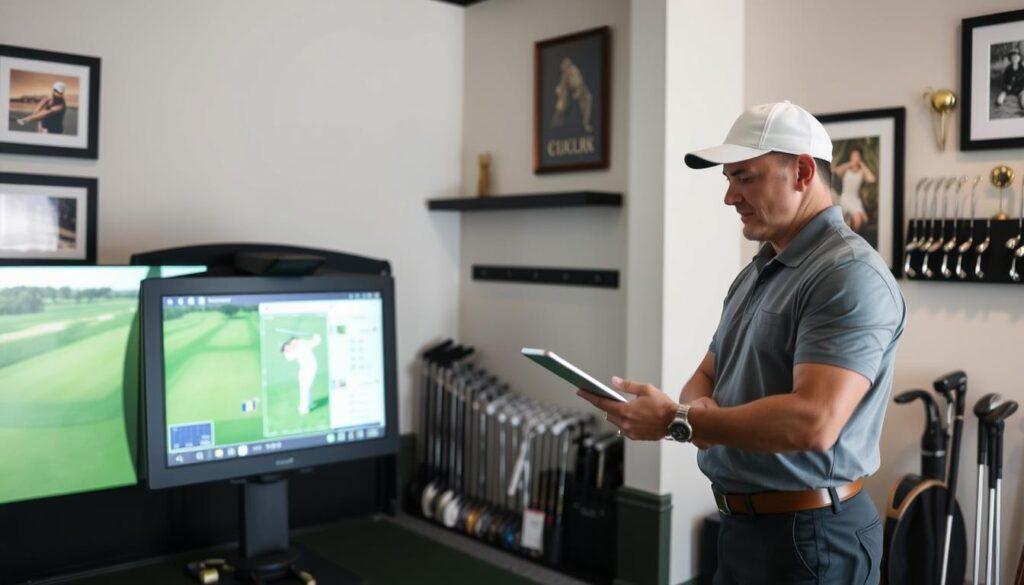 A professional golf club fitting process scene featuring a golf instructor and a customer engaged in a pre-fitting interview. The instructor, dressed in smart business attire, is analyzing swing mechanics on a tablet, while the customer, in modest golf attire, appears attentive and eager to learn. The foreground showcases a golf simulator with data displayed on a screen, illustrating swing metrics. In the middle, a well-lit fitting room is filled with various golf clubs and equipment, emphasizing a personalized fitting experience. The background features golf-related decor, such as framed pictures of golf courses and trophies, creating an inviting atmosphere. Soft, natural lighting enhances the professionalism of the scene, captured from a slightly elevated angle that allows for a comprehensive view of both subjects and their interaction. The mood conveys excitement and anticipation for the fitting journey ahead. A professional golf club fitting process scene featuring a golf instructor and a customer engaged in a pre-fitting interview. The instructor, dressed in smart business attire, is analyzing swing mechanics on a tablet, while the customer, in modest golf attire, appears attentive and eager to learn. The foreground showcases a golf simulator with data displayed on a screen, illustrating swing metrics. In the middle, a well-lit fitting room is filled with various golf clubs and equipment, emphasizing a personalized fitting experience. The background features golf-related decor, such as framed pictures of golf courses and trophies, creating an inviting atmosphere. Soft, natural lighting enhances the professionalism of the scene, captured from a slightly elevated angle that allows for a comprehensive view of both subjects and their interaction. The mood conveys excitement and anticipation for the fitting journey ahead.