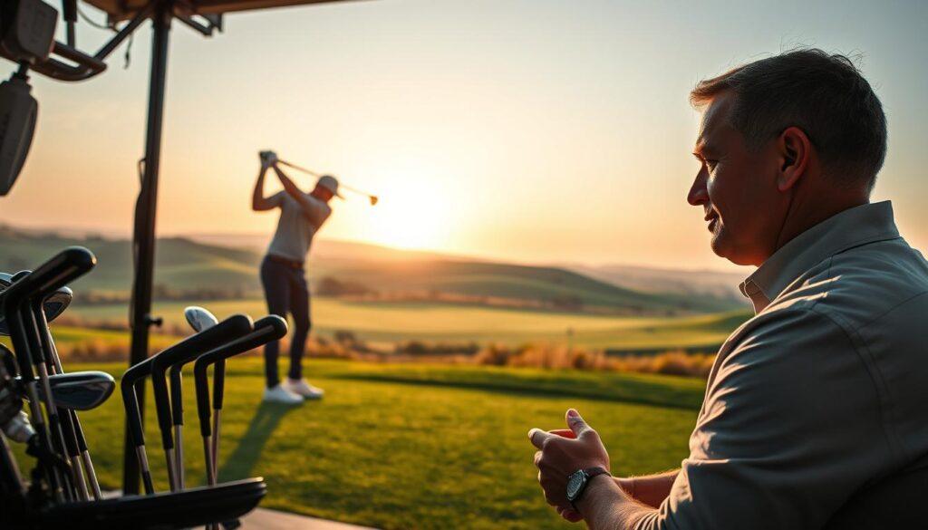 A serene golf course at dawn, showcasing a golfer in professional attire, intensely focused while being fitted for custom clubs. In the foreground, a state-of-the-art fitting area with various golf clubs and high-tech equipment, capturing the importance of precision in clubfitting. The middle ground features the golfer swinging, demonstrating the benefits of a tailored fit, with a golf ball soaring towards the sunrise. In the background, rolling green hills under a pale blue sky, evoking a sense of calm and focus. Soft, natural lighting enhances the scene, casting gentle shadows that highlight the golfer's determined expression. The atmosphere is one of anticipation and professional dedication, emphasizing the connection between proper fitting and lower scores on the course. A serene golf course at dawn, showcasing a golfer in professional attire, intensely focused while being fitted for custom clubs. In the foreground, a state-of-the-art fitting area with various golf clubs and high-tech equipment, capturing the importance of precision in clubfitting. The middle ground features the golfer swinging, demonstrating the benefits of a tailored fit, with a golf ball soaring towards the sunrise. In the background, rolling green hills under a pale blue sky, evoking a sense of calm and focus. Soft, natural lighting enhances the scene, casting gentle shadows that highlight the golfer's determined expression. The atmosphere is one of anticipation and professional dedication, emphasizing the connection between proper fitting and lower scores on the course.
