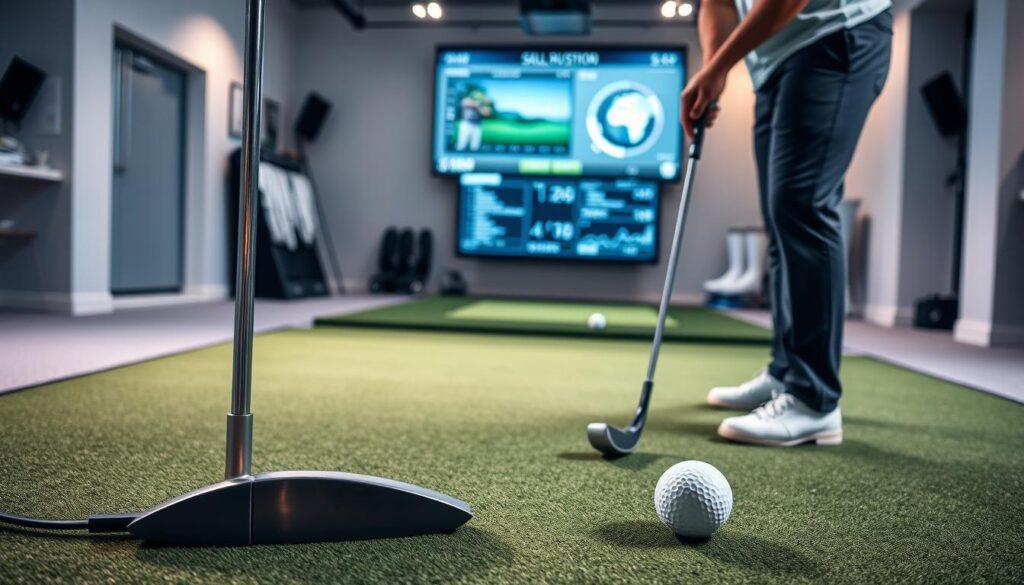 A serene indoor putting green setup, showcasing a professional golf instructor in a smart business attire, guiding a golfer in a neatly pressed polo shirt and slacks. In the foreground, focus on a sleek putter aligned with a ball on the green, with precise measurements and alignment tools nearby, emphasizing a technical approach to putting. In the middle ground, a digital display screen shows metrics and analytics related to aim and stroke, illuminated by soft, focused lighting that enhances clarity. The background features a well-lit indoor golf studio with realistic golf paraphernalia and a calm, focused atmosphere. The overall mood is professional and educational, reflecting concentration and the importance of precise measurements in improving putting performance.