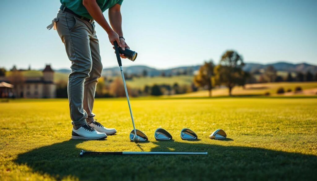 A serene, open golf course scene featuring a player measuring distance gaps between golf clubs laid out on the grass. In the foreground, a professional golfer, dressed in modest casual clothing, is using a rangefinder to assess the spacing between three distinct wedges, highlighting the concept of wedge gapping. The middle ground showcases the vibrant green fairway, dotted with scenic trees under a clear blue sky. The background reveals a picturesque view of rolling hills in soft focus, bathed in warm, natural lighting to evoke a sense of calm and concentration. The scene captures a focused and analytical mood, emphasizing the importance of precision in golf scoring.
