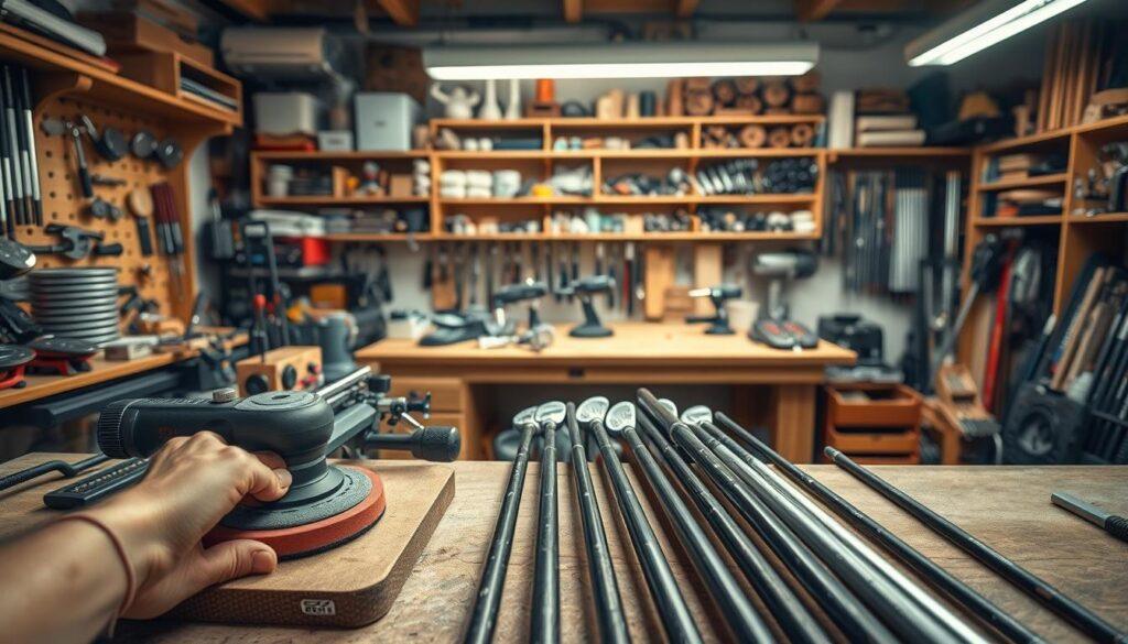 A well-organized clubmaking studio filled with essential tools and equipment, showcasing a workbench cluttered with precision instruments like clamps, measuring tools, and clubheads in various materials. In the foreground, detailed shots of a hand-held sanding tool and a set of graphite shafts, highlighting their textures. The middle of the image features a woodworking table adorned with organized tools, including drill presses and epoxy mixers, illuminated by warm overhead lighting that casts soft shadows. In the background, shelves stocked with diverse golf club components create a sense of depth. The atmosphere evokes craftsmanship and dedication, capturing the essence of manual artistry in club assembly. Use a slightly elevated angle to encompass the workspace, ensuring a professional and inviting mood that reflects the behind-the-scenes magic of clubmaking.