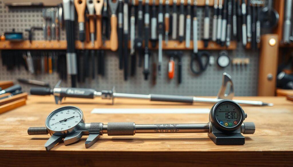 Precision tools for quality control in hand-built golf clubs, featuring a clean, well-organized workspace. In the foreground, a set of calibrated measuring instruments including micrometers, calipers, and a digital gauge, all arranged neatly on a polished wooden workbench. In the middle ground, a partially assembled golf club with a focus on its grip and shaft, demonstrating meticulous craftsmanship. The background showcases an array of precision tools hanging on the wall, well-lit with warm, focused LED lighting that emphasizes the tools' metallic finishes. The scene captures a professional atmosphere, conveying a sense of dedication to quality and precision in golf club assembly. The image should have a slight depth of field effect, highlighting the tools while softly blurring the background for a clean, focused look.