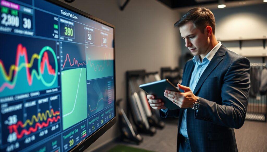 A detailed image of a Trackman data screen displaying intricate swing metrics, showcasing various graphs and numerical values related to golf swing analysis. The foreground features a high-tech data monitor with vibrant colors indicating speed, angle, and trajectory. In the middle ground, a professional golf clubfitter in smart casual attire, intently observing the screen, takes notes on a sleek tablet, reflecting a deep focus on improving performance. The background blurs slightly, hinting at a modern golf fitting studio with equipment racks and a simulator setup. Soft, ambient lighting enhances the high-tech feel of the space, creating an atmosphere of precision and innovation. The camera angle is slightly elevated, capturing both the screen and the clubfitter’s engagement with the data. A detailed image of a Trackman data screen displaying intricate swing metrics, showcasing various graphs and numerical values related to golf swing analysis. The foreground features a high-tech data monitor with vibrant colors indicating speed, angle, and trajectory. In the middle ground, a professional golf clubfitter in smart casual attire, intently observing the screen, takes notes on a sleek tablet, reflecting a deep focus on improving performance. The background blurs slightly, hinting at a modern golf fitting studio with equipment racks and a simulator setup. Soft, ambient lighting enhances the high-tech feel of the space, creating an atmosphere of precision and innovation. The camera angle is slightly elevated, capturing both the screen and the clubfitter’s engagement with the data.