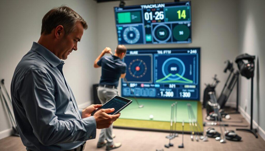 A modern golf club fitting studio with a focus on Trackman technology. In the foreground, a professional golf fitter, dressed in business casual attire, analyzes data on a sleek tablet. The middle ground features a golfer in a polo shirt, preparing to hit a ball, surrounded by various club options. Behind them, a high-tech Trackman device displays intricate data metrics on a large screen, including swing speed and ball flight trajectory. The background is softly lit, with equipment and golf accessories neatly arranged, creating a clean and organized atmosphere. The mood is focused and professional, emphasizing precision, innovation, and the importance of data in making informed club fitting decisions.