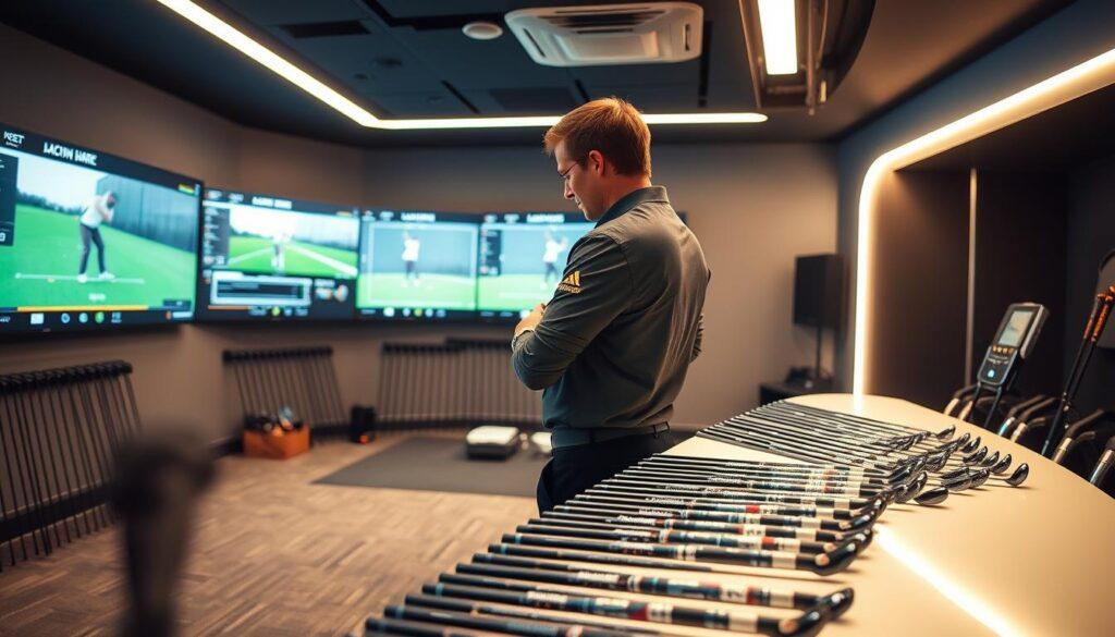 A modern golf studio fitting room, showcasing a professional golf fitting setup. In the foreground, a fitting technician in smart casual attire carefully measures a golfer’s shaft flex and weight specifications using advanced tools and equipment. The middle ground features various golf club shafts displayed on a sleek countertop, highlighting different profiles and weights. In the background, bright LED lighting creates a vibrant atmosphere, illuminating a wall of high-tech launch monitors and graphics of swing analysis. The overall mood is focused and professional, emphasizing precision and tailored fitting experiences. The setting is well-organized, exuding a sense of expertise in the art of golf shaft fitting. A modern golf studio fitting room, showcasing a professional golf fitting setup. In the foreground, a fitting technician in smart casual attire carefully measures a golfer’s shaft flex and weight specifications using advanced tools and equipment. The middle ground features various golf club shafts displayed on a sleek countertop, highlighting different profiles and weights. In the background, bright LED lighting creates a vibrant atmosphere, illuminating a wall of high-tech launch monitors and graphics of swing analysis. The overall mood is focused and professional, emphasizing precision and tailored fitting experiences. The setting is well-organized, exuding a sense of expertise in the art of golf shaft fitting.