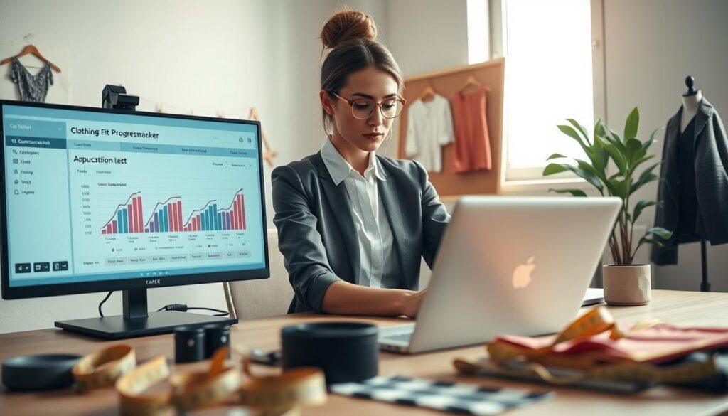A modern workspace featuring a stylish, professional woman seated at a clutter-free desk, reviewing a visually engaging clothing fit progress tracker on her laptop. In the foreground, tools for adjustment like measuring tape and fabric swatches are neatly arranged. The middle ground reveals a large monitor displaying a detailed graph of fit measurements and notes. The background features soft, natural light streaming through a window, illuminating a simple plant and a mood board showcasing clothing designs. Use a shallow depth of field to blur the background slightly, drawing attention to the focused expression of the woman. The atmosphere is one of determination and professionalism, reflecting the theme of monitoring progress in clothing fit adjustments.