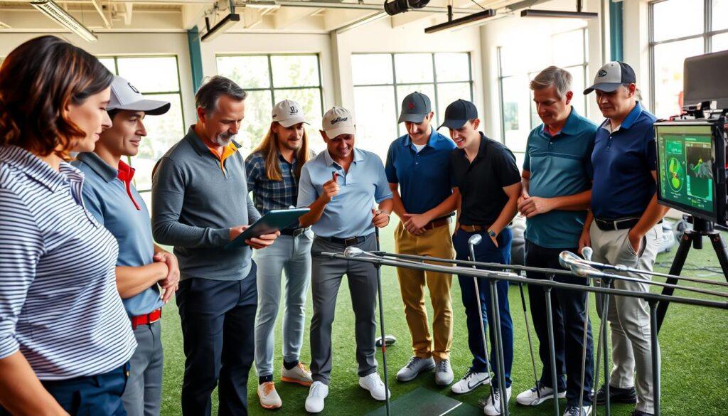 A visually engaging depiction of "golf myths debunked," featuring a modern golf club fitting session in action. In the foreground, a diverse group of golfers, wearing stylish yet professional golf attire, intently observes a clubfitting expert analyzing data on a tablet. The middle ground showcases advanced fitting equipment, including swing analyzers and launch monitors, highlighting various golf clubs being tested. The background presents an open, well-lit indoor golf studio with large windows allowing natural light to fill the space, enhancing the atmosphere of innovation and discovery. The colors should be bright and inviting, radiating a sense of optimism and enlightenment. The angle should capture both the interaction and technology, emphasizing the serious yet friendly mood of the session while ensuring a clean and clutter-free composition.