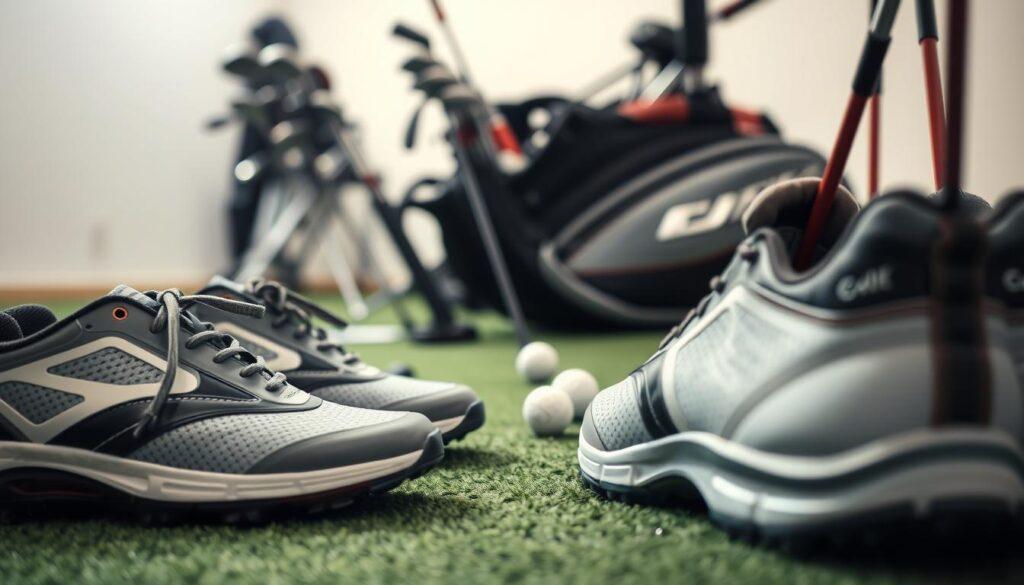 A close-up scene focusing on a well-organized preparation area for a golf fitting session. In the foreground, neatly arranged golf shoes with breathable material and stylish designs next to a set of various golf clubs, showcasing different lengths and types. The middle ground features a golf bag partially unzipped, revealing more clubs and accessories like tees and balls. The background hints at an indoor golf fitting studio, with soft lighting that highlights the textures and details of the shoes and clubs, creating a professional and inviting atmosphere. The angle is slightly elevated, capturing the meticulous arrangement, evoking a sense of anticipation and readiness for the fitting session.
