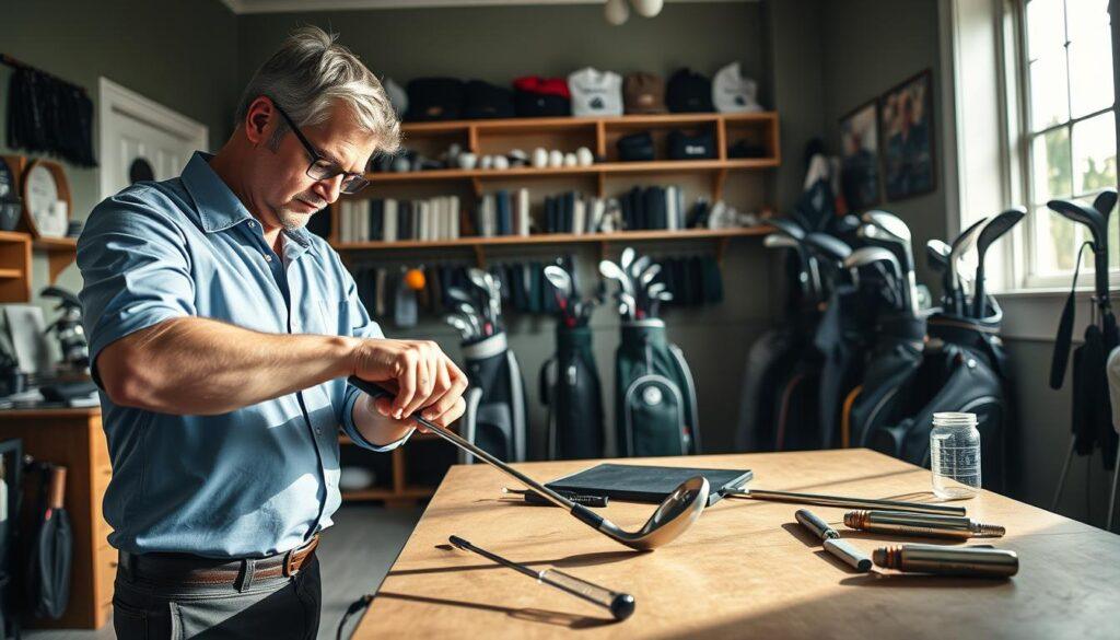 A cozy, well-lit golf studio in Berks County, showcasing an area dedicated to post-sale support. In the foreground, a professional golf technician in smart casual attire carefully adjusts a high-quality golf club on a workbench, displaying attention to detail. The middle ground features a variety of golf equipment, such as bags with clubs, personalized fittings, and tools for tweaks, emphasizing a personalized touch. In the background, shelves are lined with golf accessories, and a window allows natural light to pour in, creating a warm atmosphere. The scene conveys a sense of professionalism, trust, and community-focused service in the local golf industry. The angle captures both the technician's focused work and the inviting environment of the studio, with soft shadows adding depth.