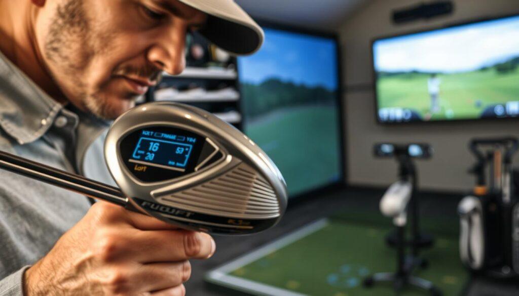 A detailed close-up of a golf driver being fitted, highlighting its loft angle and angle of attack. In the foreground, a professional male golf fitter in modest casual clothing examines the driver with a focus on the clubhead. The club is positioned on a high-tech fitting station with a digital display showcasing parameters like loft, lie angle, and CG (center of gravity). In the middle ground, a modern golf simulator projects a driving range scene, enhancing the technical aspect of driver fitting. The background features soft lighting with a slightly blurred view of golf equipment shelves and fitting tools, creating an atmosphere of professionalism and innovation. The image conveys precision and expertise in the art of golf club fitting. A detailed close-up of a golf driver being fitted, highlighting its loft angle and angle of attack. In the foreground, a professional male golf fitter in modest casual clothing examines the driver with a focus on the clubhead. The club is positioned on a high-tech fitting station with a digital display showcasing parameters like loft, lie angle, and CG (center of gravity). In the middle ground, a modern golf simulator projects a driving range scene, enhancing the technical aspect of driver fitting. The background features soft lighting with a slightly blurred view of golf equipment shelves and fitting tools, creating an atmosphere of professionalism and innovation. The image conveys precision and expertise in the art of golf club fitting.