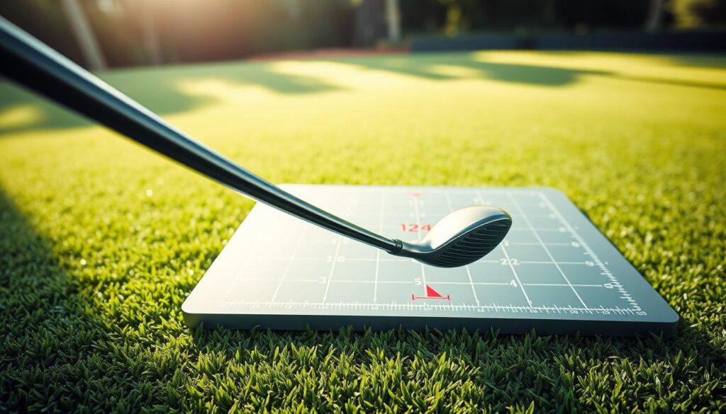 A detailed illustration of dynamic shaft flex fitting data, focusing on golf equipment. In the foreground, a sleek golf club shaft bent in motion, illustrating flex during a swing. The middle ground features a high-tech lie board with precise measurement markers, showcasing the interaction between lie angles and dynamic data. The background should include a lush green turf surface, simulating an outdoor golf course, with soft sunlight filtering through, creating a focused yet serene atmosphere. Use a shallow depth of field for a professional lens effect, emphasizing the club and lie board while gently blurring the turf. The mood is analytical and technical, aiming to reflect precision and innovation in golf fitting.