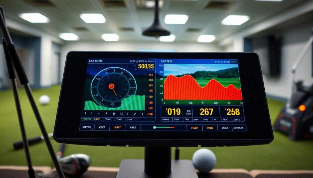 A detailed image of a high-tech launch monitor data screen, prominently displaying speed and spin metrics in vibrant, glowing colors. The screen should feature a realistic user interface with dynamic graphs and numerical values related to ball speed, spin rate, and face angle, all set against a sleek, modern design. In the foreground, include subtle reflections or highlights on the screen to enhance its digital appearance. The middle ground should feature a blurred setting with golf clubs and a golf ball for context, while the background shows a softly lit indoor training environment. Use soft, ambient lighting to create a professional and focused atmosphere, capturing the essence of advanced golf technology. A detailed image of a high-tech launch monitor data screen, prominently displaying speed and spin metrics in vibrant, glowing colors. The screen should feature a realistic user interface with dynamic graphs and numerical values related to ball speed, spin rate, and face angle, all set against a sleek, modern design. In the foreground, include subtle reflections or highlights on the screen to enhance its digital appearance. The middle ground should feature a blurred setting with golf clubs and a golf ball for context, while the background shows a softly lit indoor training environment. Use soft, ambient lighting to create a professional and focused atmosphere, capturing the essence of advanced golf technology.