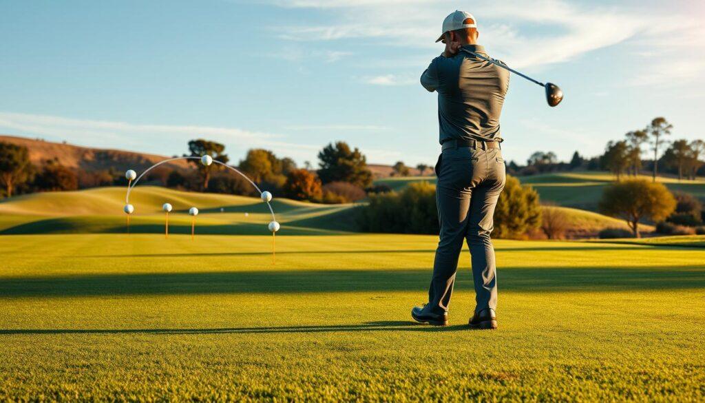 A detailed landscape featuring a golf course green, emphasizing turf interaction and dispersion goals. In the foreground, a professional golfer in business casual attire demonstrates an ideal swing, while focusing on the target window represented by marked flags in the distance. In the middle ground, various trajectories of white golf balls visually arc through the air, illustrating different impact points on the turf, symbolizing dispersion patterns. The background showcases a gently rolling landscape with trees and a blue sky, bathed in warm, late afternoon sunlight casting soft shadows. The angle is slightly elevated, capturing the golfer and the target flags in a dynamic perspective that conveys precision and strategy, creating an atmosphere of focus and professionalism.