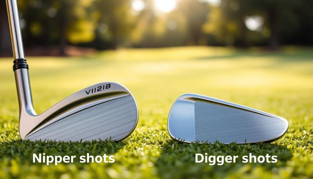 A detailed side-by-side visual comparison of wedge soles, illustrating the grind types for golf clubs. In the foreground, feature two wedges with distinct sole grinds: one designed for nipper shots, showcasing a sharper, narrower sole, and another for digger shots, featuring a wider, more rounded sole. Both wedges should have polished finishes reflecting light. In the middle ground, include a subtle grass surface of a golf green to emphasize the context while maintaining focus on the wedges. The background should be softly blurred to suggest a golfing environment, with gentle sunlight filtering through trees, creating a serene atmosphere. Capture the scene from a slightly elevated angle to highlight the contrasting shapes of the soles effectively, with a warm, inviting light enhancing the textures of the clubs. A detailed side-by-side visual comparison of wedge soles, illustrating the grind types for golf clubs. In the foreground, feature two wedges with distinct sole grinds: one designed for nipper shots, showcasing a sharper, narrower sole, and another for digger shots, featuring a wider, more rounded sole. Both wedges should have polished finishes reflecting light. In the middle ground, include a subtle grass surface of a golf green to emphasize the context while maintaining focus on the wedges. The background should be softly blurred to suggest a golfing environment, with gentle sunlight filtering through trees, creating a serene atmosphere. Capture the scene from a slightly elevated angle to highlight the contrasting shapes of the soles effectively, with a warm, inviting light enhancing the textures of the clubs.