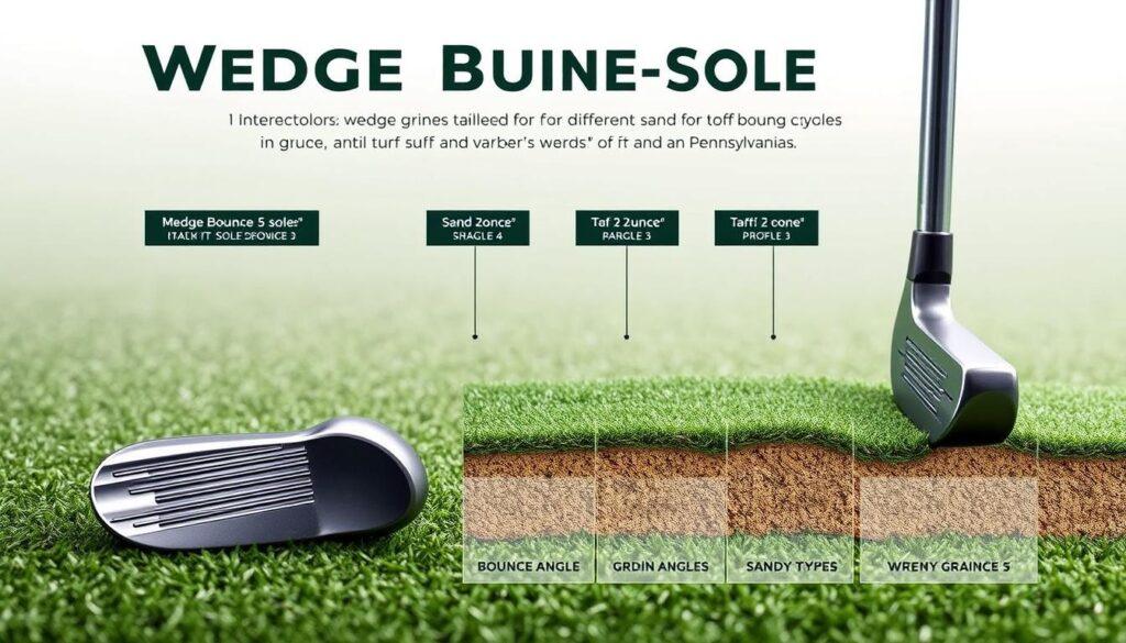 A detailed wedge bounce sole interaction diagram, showcasing various types of wedge grinds tailored for different turf and sand conditions. In the foreground, the diagram displays wedge sole designs with bold labels indicating the bounce angles and grind types. The middle section illustrates cross-sectional views of wedges interacting with different green surfaces, highlighting variations in turf and sand types in Pennsylvania. The background features subtle gradients representing different turf textures and sandy profiles. The image is sharply focused, with soft lighting to enhance the details of the sole interactions. Capture a technical yet clean aesthetic, ensuring clarity and professionalism, suitable for educational purposes. A detailed wedge bounce sole interaction diagram, showcasing various types of wedge grinds tailored for different turf and sand conditions. In the foreground, the diagram displays wedge sole designs with bold labels indicating the bounce angles and grind types. The middle section illustrates cross-sectional views of wedges interacting with different green surfaces, highlighting variations in turf and sand types in Pennsylvania. The background features subtle gradients representing different turf textures and sandy profiles. The image is sharply focused, with soft lighting to enhance the details of the sole interactions. Capture a technical yet clean aesthetic, ensuring clarity and professionalism, suitable for educational purposes.