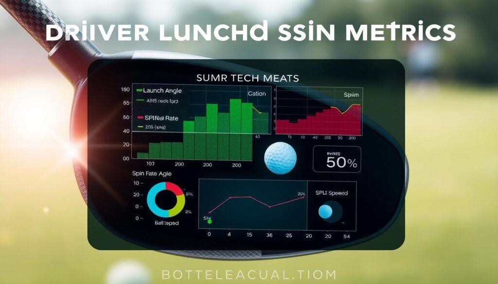 A dynamic visual representation of driver launch and spin metrics, showcasing technical data in a sleek and modern infographic style. In the foreground, a high-tech driver golf club with a carbon fiber texture is prominently displayed, angled slightly to highlight its aerodynamic design. The middle layer features vibrant graphs and charts illustrating key metrics such as launch angle, spin rate, and ball speed, rendered in contrasting colors for clarity. The background is a blurred golf course setting, bathed in natural sunlight, creating a fresh and energetic atmosphere. Soft lens flare effects enhance the visual appeal, while the overall composition conveys precision and professionalism, ideal for an educational context. The image is clean, free from any text or branding, focusing solely on conveying data regarding golf performance metrics. A dynamic visual representation of driver launch and spin metrics, showcasing technical data in a sleek and modern infographic style. In the foreground, a high-tech driver golf club with a carbon fiber texture is prominently displayed, angled slightly to highlight its aerodynamic design. The middle layer features vibrant graphs and charts illustrating key metrics such as launch angle, spin rate, and ball speed, rendered in contrasting colors for clarity. The background is a blurred golf course setting, bathed in natural sunlight, creating a fresh and energetic atmosphere. Soft lens flare effects enhance the visual appeal, while the overall composition conveys precision and professionalism, ideal for an educational context. The image is clean, free from any text or branding, focusing solely on conveying data regarding golf performance metrics.