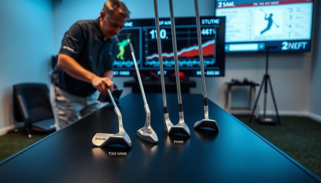 A focused image of a golf putter fitting analysis session, showcasing a variety of putter head shapes on a sleek black table in a well-lit fitting studio. In the foreground, a professional golf fitter, dressed in a smart polo shirt and khakis, is using a SAM PuttLab device to analyze the putter's toe hang. The midground features a detailed view of different putter heads with varying toe hang designs, each labeled for clarity, reflecting their unique shapes and balance. The background includes a large screen showing statistical data and golf swing metrics, with soft blue and white lighting creating a clean, focused atmosphere. The overall mood is professional and analytical, emphasizing precision in golf equipment fitting.