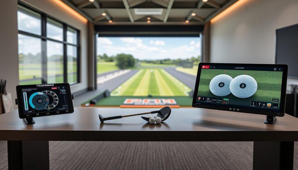 A high-tech comparison display of golf launch monitors: TrackMan, GCQuad, and SAM, positioned on a sleek, modern table in a well-lit indoor golf fitting studio. In the foreground, detailed digital screens show various ball data metrics such as launch angle, spin rate, and speed, illuminated by soft LED lighting. In the middle, a stylish golf club rests on the table, alongside a few golf balls, highlighting the high-tech ambiance. The background features a large window showcasing a beautiful outdoor driving range, capturing the essence of a premium golf experience. The atmosphere is professional and sophisticated, inviting viewers to delve into the intricacies of golf technology. The image employs a shallow depth of field to emphasize the monitors and ball data. A high-tech comparison display of golf launch monitors: TrackMan, GCQuad, and SAM, positioned on a sleek, modern table in a well-lit indoor golf fitting studio. In the foreground, detailed digital screens show various ball data metrics such as launch angle, spin rate, and speed, illuminated by soft LED lighting. In the middle, a stylish golf club rests on the table, alongside a few golf balls, highlighting the high-tech ambiance. The background features a large window showcasing a beautiful outdoor driving range, capturing the essence of a premium golf experience. The atmosphere is professional and sophisticated, inviting viewers to delve into the intricacies of golf technology. The image employs a shallow depth of field to emphasize the monitors and ball data.