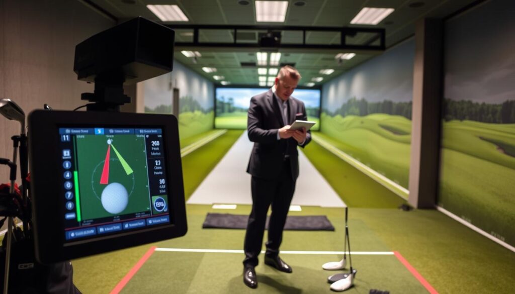 A modern golf fitting studio featuring the GCQuad launch monitor prominently in the foreground. The launch monitor displays detailed swing data, surrounded by professional golf equipment like clubs and balls. In the middle ground, a golf professional coaches an athlete, both dressed in smart business attire, analyzing the data on a tablet. The background showcases a well-lit indoor driving range with realistic turf and green barriers. Soft, ambient lighting creates a focused atmosphere, highlighting the advanced technology and serious nature of the dynamic testing. The angle captures the interaction between the coach and athlete, emphasizing precision and professionalism in the fitting process.