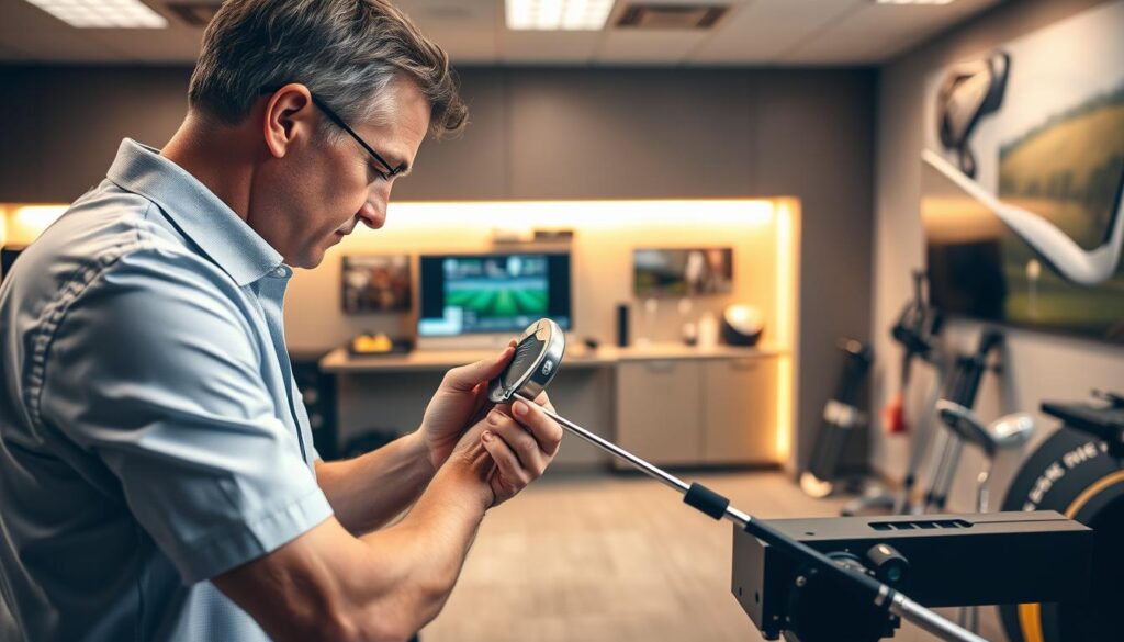 A professional golf club fitting scene showcasing dynamic lie adjustment. In the foreground, a golf club fitter, dressed in smart casual attire, is carefully measuring and adjusting a golf club's lie angle on a state-of-the-art fitting machine, focusing intently on the club head. In the middle ground, a well-lit and organized fitting area displays various tools and equipment like launch monitors, club components, and a measuring tape. Soft, diffused lighting casts a warm glow throughout the space, enhancing the semi-modern atmosphere. The background reveals a wall adorned with golf-related visuals and cabinetry. The overall mood is focused and professional, emphasizing the precision and expertise involved in tuning lie, loft, length, and swing weight for optimal performance.