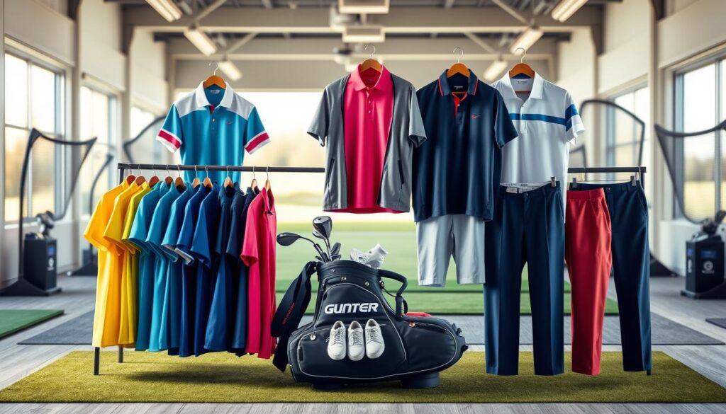 A stylish display of golf fitting prep clothing arranged neatly in a well-lit indoor setting, showcasing a variety of professional and comfortable outfits suitable for both indoor and outdoor golf fitting sessions. In the foreground, there are neatly hung polos, lightweight jackets, and tailored shorts, all in vibrant, sporty colors. The middle section features golf shoes and accessories like caps and gloves, artfully placed on a golf bag. The background presents a blurred indoor golf bay equipped with hitting mats and practice screens, illuminated by soft, natural light filtering through large windows. The atmosphere is energetic yet focused, capturing the elegance of the golf experience while emphasizing the importance of appropriate attire for different weather conditions.