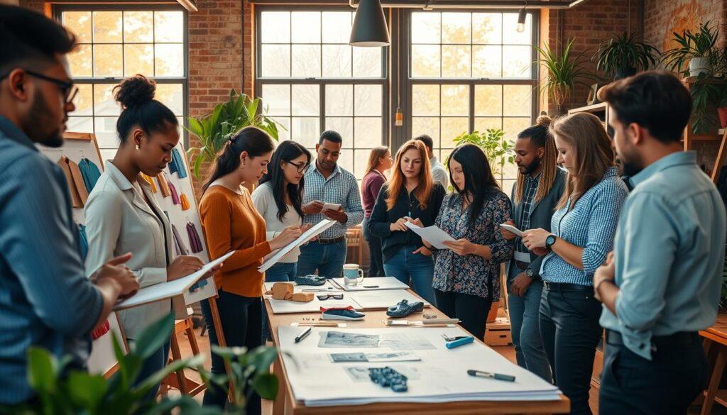A vibrant local design studio in Chester, Pennsylvania, showcasing a collaborative workspace filled with professional designers engaged in creative discussions. In the foreground, diverse individuals of varying ages and ethnicities are focused on sketching and brainstorming ideas, dressed in smart casual attire. The middle ground features large design boards displaying colorful fabric swatches and innovative prototypes. The background showcases large windows letting in warm, natural light, creating a cozy yet professional atmosphere. Add elements of greenery, such as potted plants, to enhance the inviting and collaborative environment. Use a slightly elevated angle to capture the energy of the workspace, with soft focus on those engaged in meaningful conversation. Aim for a warm, inspiring mood that reflects the essence of community and local craftsmanship.