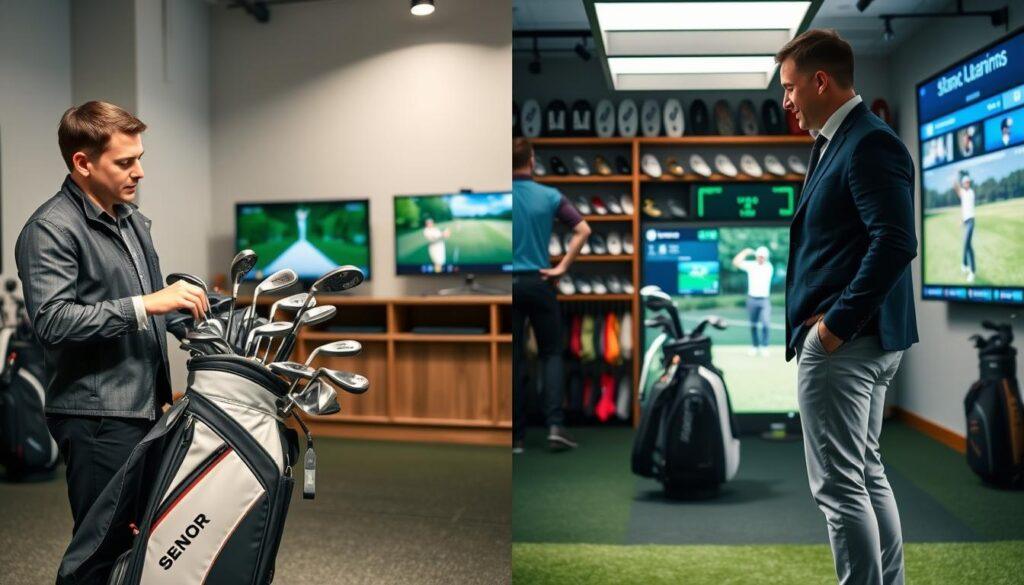 A well-lit golf fitting studio showcasing two distinct areas side by side. In the foreground, a professional golf fitter in smart-casual attire examines a full bag of golf clubs, engaging with a customer who is dressed in casual business wear, showing enthusiasm as they discuss various equipment. In the middle ground, display a high-tech fitting setup with measurement screens and golf simulators, highlighting the intricate details of club dimensions and swing data. The background features shelves lined with different brands of golf clubs and bags, creating a sporty yet professional atmosphere. Soft, diffused lighting enhances the scene, casting inviting shadows that suggest a sense of discovery and expertise. The overall mood conveys professionalism and excitement about finding the perfect golf equipment.