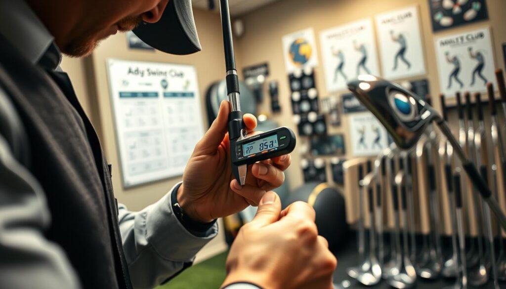 A close-up view of a professional golf club fitting session, featuring a sleek, modern golf club being adjusted by a technician in professional attire, showcasing precision and care. The technician is examining the club's specifications using a digital measuring device, with a focus on the club's shaft and grip. In the background, a well-lit fitting studio is decorated with various golf equipment and charts on adjusting swing mechanics. The atmosphere is focused and attentive, characterized by warm lighting that highlights the shiny surfaces of the clubs. A slight depth of field emphasizes the technician's hands working on the club, portraying the meticulous nature of the break-in period.