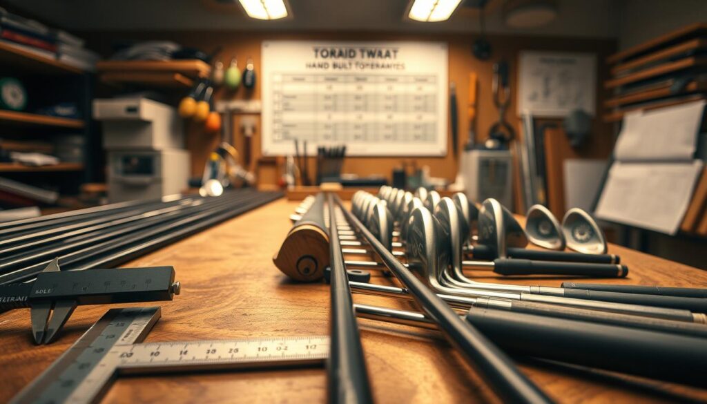 A detailed view of precision tolerances for hand-built golf clubs, featuring a close-up of club components, including shafts, heads, and grips, meticulously arranged on a mahogany workbench. The foreground displays calipers measuring length and loft angles, with small labels indicating tolerances in millimeters. The middle ground reveals a variety of club types—irons, woods, and wedges—each prominently showcasing their lie angles and swing weights. The background features a softly lit workshop filled with tools, blueprints, and a chart displaying tolerance specifications. The atmosphere is professional and focused, illuminated by warm, ambient lighting, casting gentle shadows that enhance the craftsmanship of the clubs. The composition is captured at a slight angle to emphasize the intricate details and precision of the assembly process.
