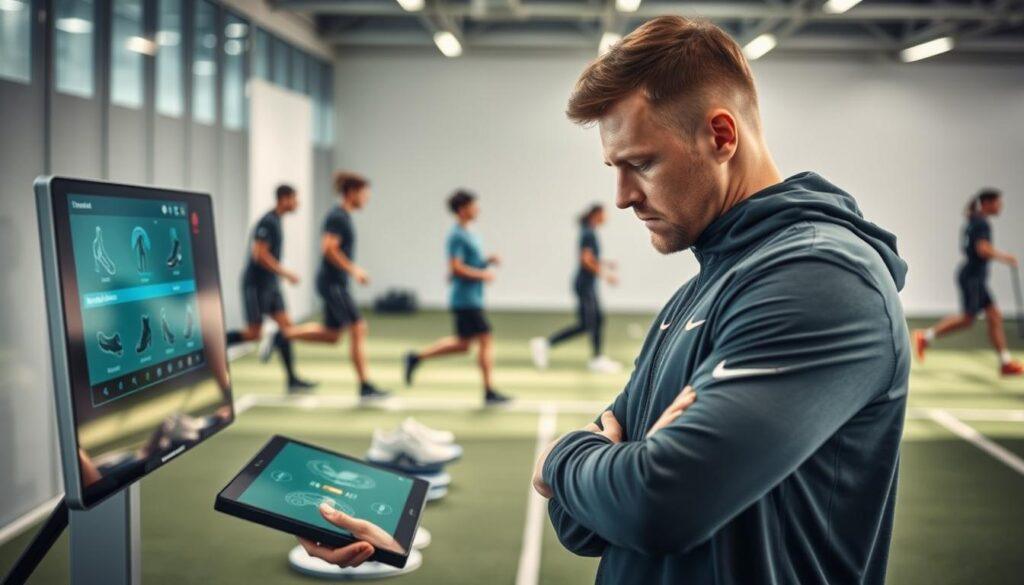 A dynamic composition depicting a sports professional in a modern training facility, showcasing "re-fit triggers." In the foreground, a determined athlete in professional training attire analyzes equipment adjustments on a sleek digital display, capturing the essence of speed change. In the middle, several training tools are visible, including various footwear options and turf samples, each meticulously arranged to represent different conditions. In the background, subtle blurred silhouettes of fellow athletes in motion emphasize the active environment. The lighting is bright and energizing, with soft shadows adding depth. The overall mood conveys a sense of urgency and professionalism, highlighting the critical nature of performance adjustments in sports. The angle is slightly elevated, providing a comprehensive view of the training scenario without distractions.