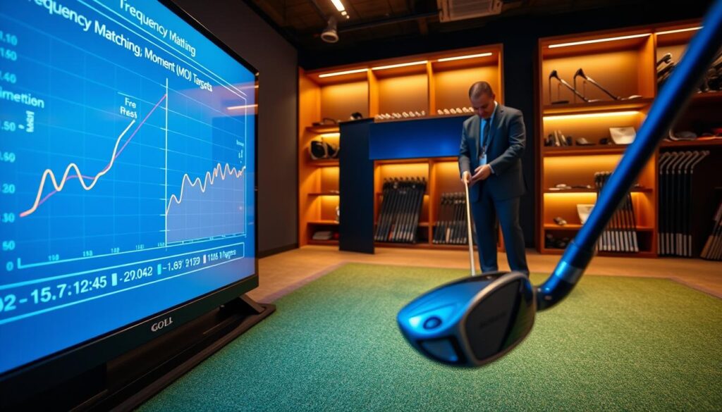 A high-tech golf club fitting studio, showcasing a focus on frequency matching and Moment of Inertia (MOI) targets. In the foreground, a sleek digital screen displays graphs and metrics related to golf club performance, illuminated with soft blue backlighting. The middle ground features a precision golf club being assessed on a sophisticated launch monitor, with a professional in smart business attire examining the data. The background reveals shelves lined with custom golf clubs and equipment, bathed in warm, ambient lighting. The atmosphere is one of meticulous attention to detail and advanced technology, evoking a sense of precision and professionalism in the custom club building process. The angle is slightly low, emphasizing the technological sophistication and inviting a sense of immersion.