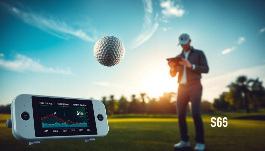 A high-tech golf course scene showcasing a golf ball in mid-air, captured just after a powerful drive. In the foreground, a clean, modern device displaying shot tracking metrics such as carry distance, dispersion pattern, and strokes gained (SG) data with vibrant graphs and numbers. The middle ground features a lush green fairway with trees lining the edges, emphasizing a sunny day with soft sunlight casting subtle shadows. The sky is a clear blue with a few wispy clouds. For a professional touch, include a golfer in smart casual attire analyzing the data on a tablet. The overall mood should convey focus, innovation, and the excitement of improving golf performance through data analysis.