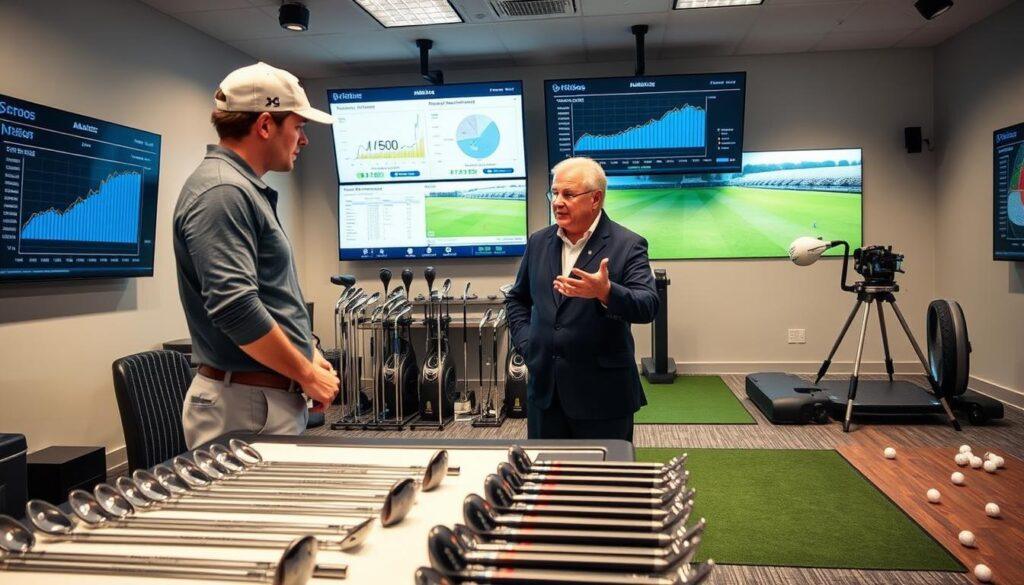 A modern golf fitting studio, featuring a well-organized space with analytics screens displaying graphs and data trends related to strokes gained statistics. In the foreground, a professional golfer, dressed in smart casual attire, is focused on analyzing club specifications with a fitting expert, who is explaining the findings while pointing at the screen. The middle ground showcases various golf clubs and equipment neatly arranged on a fitting table, while the background includes high-tech simulation equipment and golf balls scattered on a nearby mat. The lighting is bright and focused, creating a dynamic atmosphere that emphasizes precision and professionalism. The angle captures both the interaction between the golfer and the expert, highlighting the importance of data-driven decisions in customizing golf equipment.