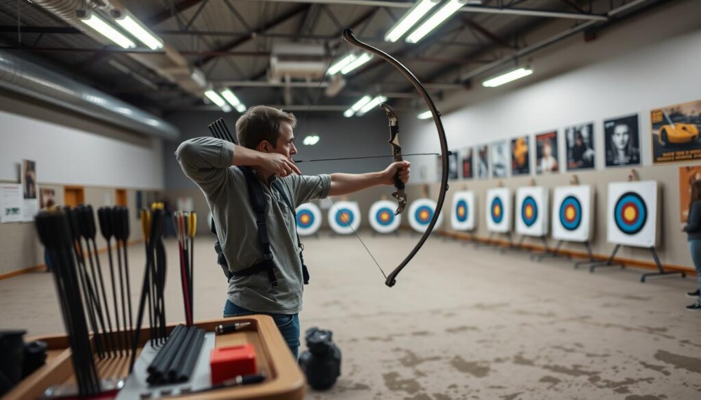 A spacious indoor archery range set up for offseason training, featuring a mixture of both indoor and real-ball targets. In the foreground, a focus on a neatly organized archery equipment station, with arrows, a bow, and protective gear displayed. The middle ground showcases an archer in modest casual clothing, carefully aiming a bow with concentration. Behind them, a range of targets arranged at varying distances, illuminated by bright overhead lights that create a dynamic atmosphere. The background includes a wall adorned with archery posters and a few spectators quietly observing. The overall mood is focused and determined, capturing the essence of archer training during the offseason. The camera angle is slightly elevated to encompass both the archer and the targets, showcasing the environment effectively. A spacious indoor archery range set up for offseason training, featuring a mixture of both indoor and real-ball targets. In the foreground, a focus on a neatly organized archery equipment station, with arrows, a bow, and protective gear displayed. The middle ground showcases an archer in modest casual clothing, carefully aiming a bow with concentration. Behind them, a range of targets arranged at varying distances, illuminated by bright overhead lights that create a dynamic atmosphere. The background includes a wall adorned with archery posters and a few spectators quietly observing. The overall mood is focused and determined, capturing the essence of archer training during the offseason. The camera angle is slightly elevated to encompass both the archer and the targets, showcasing the environment effectively.