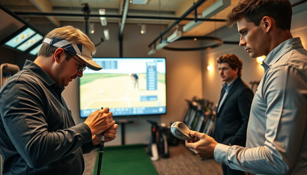 An indoor golf fitting studio, showcasing an expert golf fitter in professional attire, carefully analyzing a golfer's swing using advanced technology. In the foreground, the fitter concentrates on adjusting a custom golf club with precision tools, while a client, dressed in smart casual clothing, observes with keen interest. The middle ground features a high-tech launch monitor displaying data overlays, illuminating the area with soft, focused light. The background is filled with golf simulators, hanging practice nets, and neatly arranged golf equipment, creating a sophisticated and inviting atmosphere. The scene conveys a sense of professionalism and enthusiasm, emphasizing the importance of fitting in the winter season, enhanced by warm, ambient lighting. The angle captures the interaction between the fitter and the client, highlighting the engaging process of dialling in golf clubs. An indoor golf fitting studio, showcasing an expert golf fitter in professional attire, carefully analyzing a golfer's swing using advanced technology. In the foreground, the fitter concentrates on adjusting a custom golf club with precision tools, while a client, dressed in smart casual clothing, observes with keen interest. The middle ground features a high-tech launch monitor displaying data overlays, illuminating the area with soft, focused light. The background is filled with golf simulators, hanging practice nets, and neatly arranged golf equipment, creating a sophisticated and inviting atmosphere. The scene conveys a sense of professionalism and enthusiasm, emphasizing the importance of fitting in the winter season, enhanced by warm, ambient lighting. The angle captures the interaction between the fitter and the client, highlighting the engaging process of dialling in golf clubs.