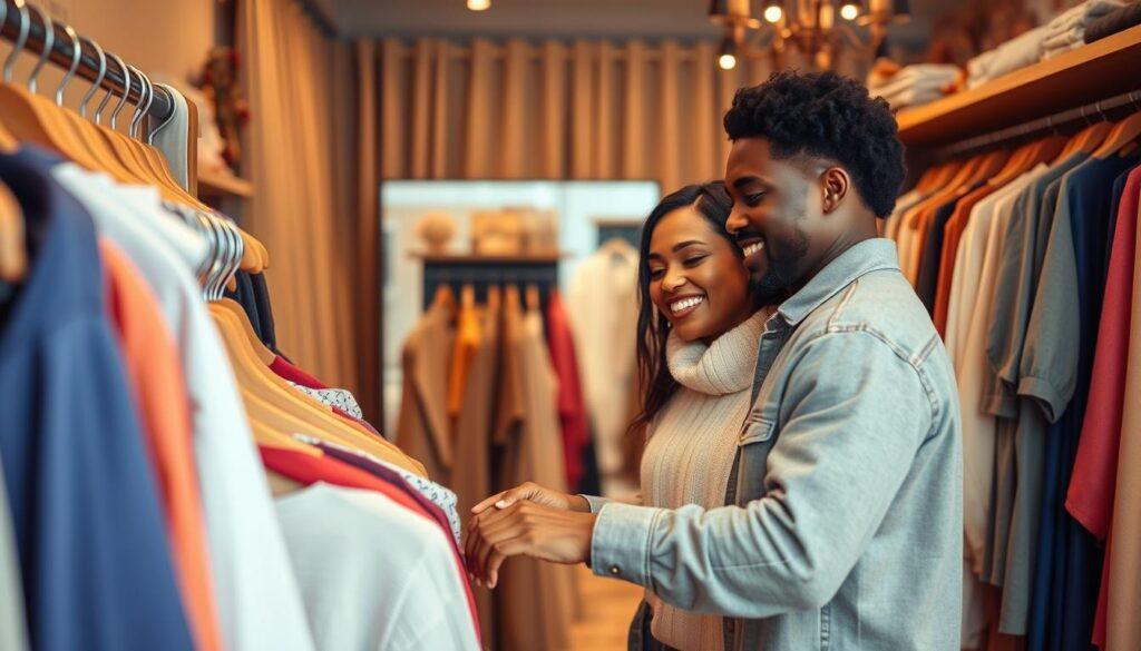 A cozy and inviting boutique fitting room scene featuring a diverse couple joyfully engaging in a fitting session. In the foreground, the couple, dressed in stylish yet modest casual clothing, are selecting outfits from a rack filled with colorful garments. The middle ground includes a large mirror reflecting their smiles, with soft lighting that creates a warm and welcoming atmosphere. In the background, subtle details like soft fabric swatches, fitting room curtains, and decorative elements contribute to a relaxed shopping experience. Use a warm color palette to enhance the feeling of intimacy and connection. The scene should be captured from a slightly elevated angle to encompass the couple and their surroundings, fostering a sense of involvement in this special moment. A cozy and inviting boutique fitting room scene featuring a diverse couple joyfully engaging in a fitting session. In the foreground, the couple, dressed in stylish yet modest casual clothing, are selecting outfits from a rack filled with colorful garments. The middle ground includes a large mirror reflecting their smiles, with soft lighting that creates a warm and welcoming atmosphere. In the background, subtle details like soft fabric swatches, fitting room curtains, and decorative elements contribute to a relaxed shopping experience. Use a warm color palette to enhance the feeling of intimacy and connection. The scene should be captured from a slightly elevated angle to encompass the couple and their surroundings, fostering a sense of involvement in this special moment.