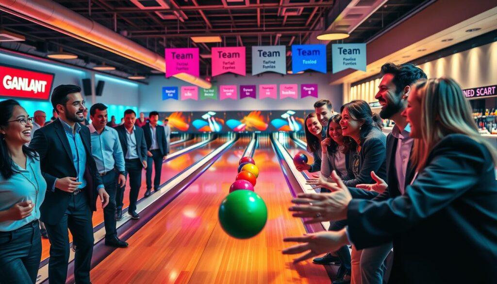 A lively corporate bowling event taking place in a modern bowling alley. In the foreground, a diverse group of professional individuals, dressed in business casual attire, laughing and cheering as they bowl, showing camaraderie. The middle ground reveals colorful bowling lanes, with neon lights reflecting off polished wooden surfaces, and bowling balls in a variety of vibrant colors. In the background, banners showcasing various team names hang from the ceiling, and a snack bar is filled with refreshments, creating a festive atmosphere. The lighting is warm and inviting, with dynamic shadows adding depth. The image captures a mood of excitement and team spirit, perfect for illustrating a corporate team-building event. A lively corporate bowling event taking place in a modern bowling alley. In the foreground, a diverse group of professional individuals, dressed in business casual attire, laughing and cheering as they bowl, showing camaraderie. The middle ground reveals colorful bowling lanes, with neon lights reflecting off polished wooden surfaces, and bowling balls in a variety of vibrant colors. In the background, banners showcasing various team names hang from the ceiling, and a snack bar is filled with refreshments, creating a festive atmosphere. The lighting is warm and inviting, with dynamic shadows adding depth. The image captures a mood of excitement and team spirit, perfect for illustrating a corporate team-building event.