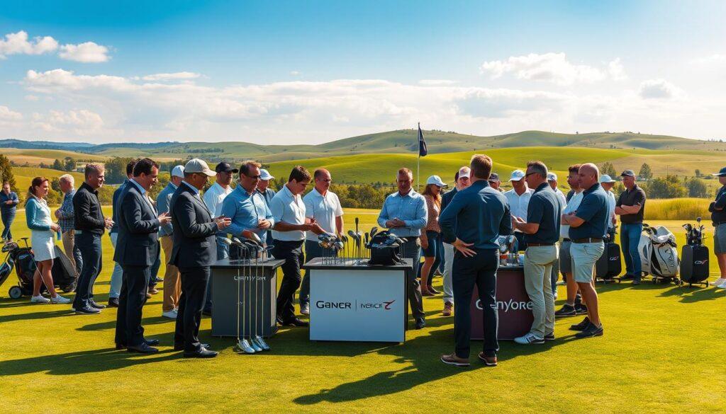 A lively golf demo day event set on a beautifully manicured golf course, showcasing various golf equipment and accessories. In the foreground, a group of professional representatives from original equipment manufacturers (OEMs) is engaging with enthusiastic golfers, demonstrating the latest clubs and technology. The middle ground features a variety of golf gear displayed on tables with branded banners, creating an atmosphere of excitement and innovation. In the background, rolling green hills and a bright blue sky add to the vibrant outdoor setting, while soft sunlight creates warm highlights on the faces of participants. The overall mood is energetic and inviting, encouraging interaction and exploration among attendees, all depicted in professional business attire or modest casual clothing. The scene is captured from a slightly elevated angle, emphasizing the bustling activity.