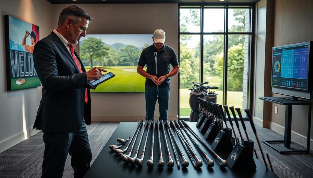 A private golf club fitting session inside an elegantly designed indoor golf studio. In the foreground, a knowledgeable golf club fitter, dressed in professional business attire, is attentively examining high-tech data on a tablet while standing beside a golfer. The golfer, also in smart casual clothing, is poised, holding a golf club. In the middle ground, a selection of premium golf clubs is displayed on a sleek black table, with state-of-the-art launch monitors flashing data screens behind them. The background features vivid, motivational golf-themed artwork and lush greenery visible through large windows, flooded with soft, natural light. The atmosphere is focused and professional, conveying depth and precision in the fitting process.