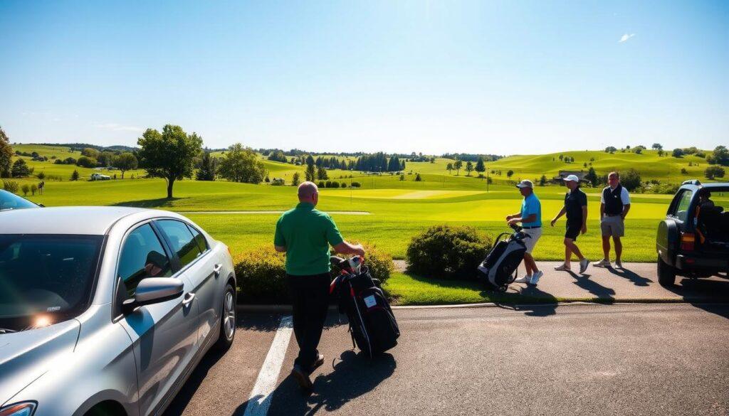 A serene golf course parking and bag drop area on a sunny day, showcasing neatly lined cars parked on a paved lot. In the foreground, an organized bag drop station is staffed by a friendly attendant in a polished green uniform, helping golfers with their bags. The middle ground features lush green grass surrounding the parking area, with a few well-maintained shrubs and trees providing shade. Golfers, dressed in professional golf attire, approach the bag drop with smiles and enthusiasm. In the background, the expansive golf course stretches out, with rolling hills and pristine fairways under a bright blue sky. The scene is bathed in warm, natural lighting emphasizing a welcoming, vibrant atmosphere. The angle captures the entire setting, inviting viewers to envision their experience at the course. A serene golf course parking and bag drop area on a sunny day, showcasing neatly lined cars parked on a paved lot. In the foreground, an organized bag drop station is staffed by a friendly attendant in a polished green uniform, helping golfers with their bags. The middle ground features lush green grass surrounding the parking area, with a few well-maintained shrubs and trees providing shade. Golfers, dressed in professional golf attire, approach the bag drop with smiles and enthusiasm. In the background, the expansive golf course stretches out, with rolling hills and pristine fairways under a bright blue sky. The scene is bathed in warm, natural lighting emphasizing a welcoming, vibrant atmosphere. The angle captures the entire setting, inviting viewers to envision their experience at the course.