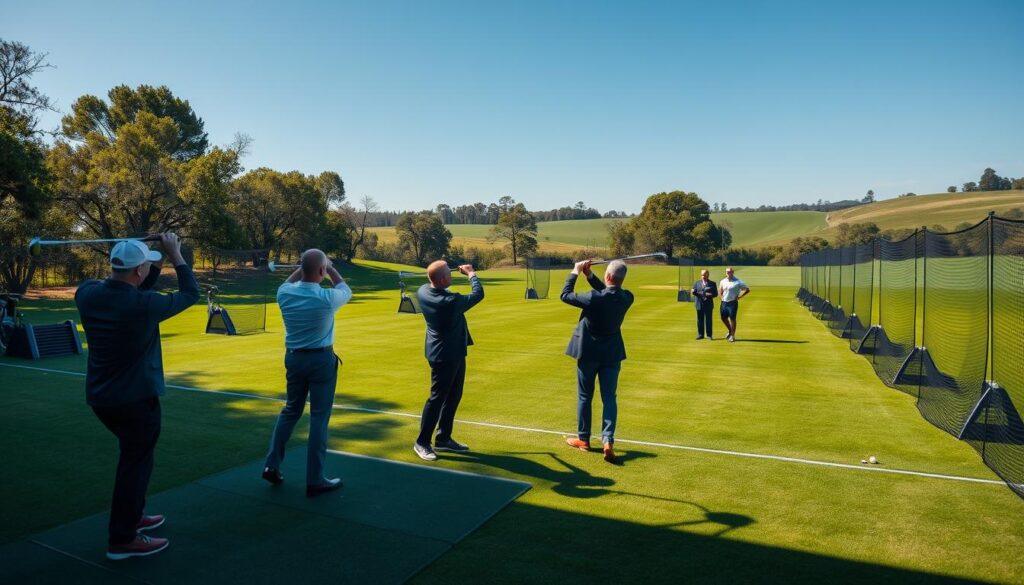 A serene warm-up range set in a lush green landscape, featuring neatly aligned practice nets under soft morning sunlight. In the foreground, a few focused individuals in professional business attire are taking swings, showcasing proper form with their equipment. The middle ground features various netted areas, with golf balls scattered around, and instructors offering guidance to novice players. In the background, gentle rolling hills complement the scene, with trees swaying slightly in a light breeze and a clear blue sky overhead. The lighting is soft and diffused, creating an inviting atmosphere for both relaxation and skill development. The perspective should be from slightly above ground level, capturing the entire range layout and highlighting the interactive nature of the warm-up area. A serene warm-up range set in a lush green landscape, featuring neatly aligned practice nets under soft morning sunlight. In the foreground, a few focused individuals in professional business attire are taking swings, showcasing proper form with their equipment. The middle ground features various netted areas, with golf balls scattered around, and instructors offering guidance to novice players. In the background, gentle rolling hills complement the scene, with trees swaying slightly in a light breeze and a clear blue sky overhead. The lighting is soft and diffused, creating an inviting atmosphere for both relaxation and skill development. The perspective should be from slightly above ground level, capturing the entire range layout and highlighting the interactive nature of the warm-up area.