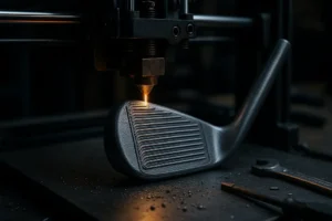 Cobra 3D Printed Irons on a fitting bench with shafts and lie tape nearby