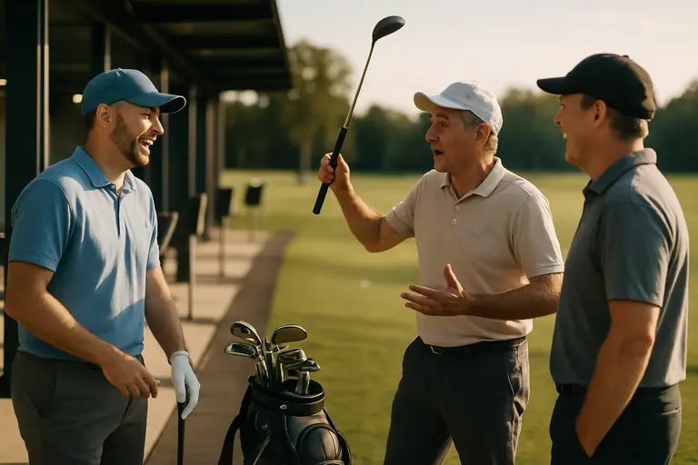 A golfer reviews driver shaft options with a fitter at an indoor hitting bay