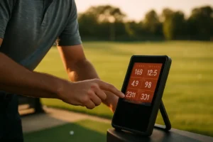 Golfer using a BYO Launch Monitor beside clubs on a practice range